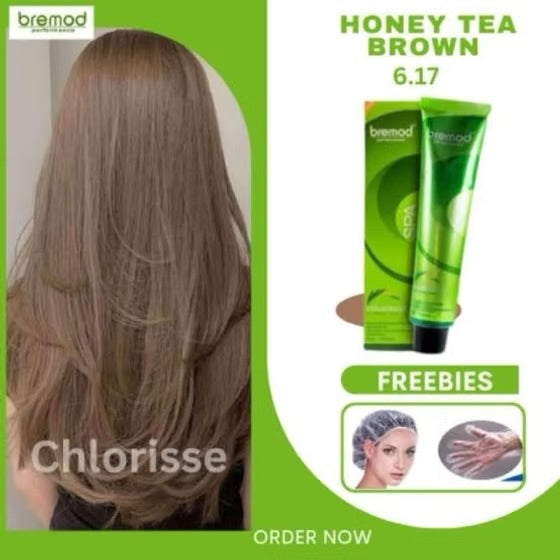 Bremod 6.17 Honey Tea Brown Hair Color Dye Cream 100ml oxidizer 9%