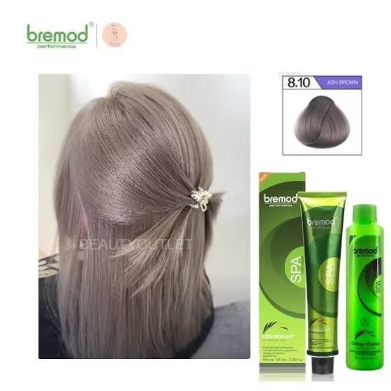Bremod 8.10 Ash Brown Hair Color Dye Cream 100ml and 9%oxidizer