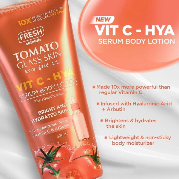 𝗙𝗿𝗲𝘀𝗵 𝗦𝗸𝗶𝗻𝗹𝗮𝗯 𝗧𝗼𝗺𝗮𝘁𝗼 𝗚𝗹𝗮𝘀𝘀 𝗦𝗸𝗶𝗻 Vit C - HYA Serum Body Lotion