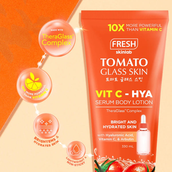 𝗙𝗿𝗲𝘀𝗵 𝗦𝗸𝗶𝗻𝗹𝗮𝗯 𝗧𝗼𝗺𝗮𝘁𝗼 𝗚𝗹𝗮𝘀𝘀 𝗦𝗸𝗶𝗻 Vit C - HYA Serum Body Lotion