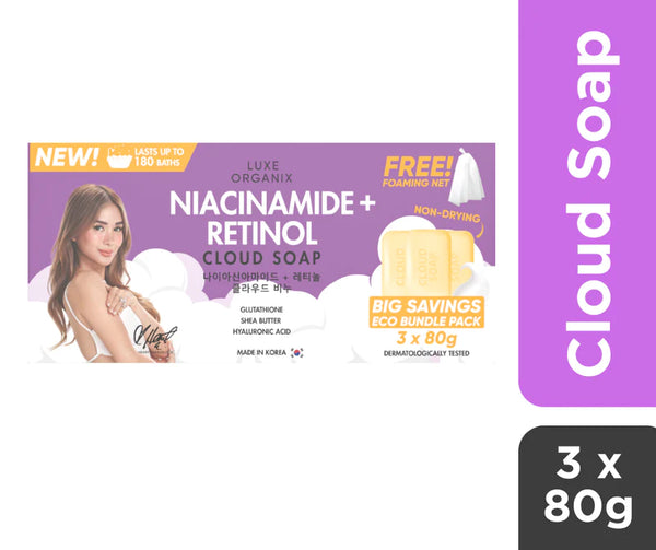 Luxe Organix NIACINAMIDE + RETINOL CLOUD SOAP 3 X 80G (ECO BUNDLE PACK)