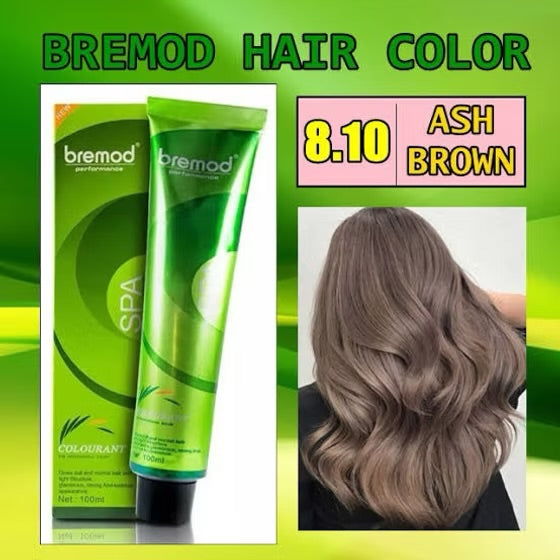 Bremod 8.10 Ash Brown Hair Color Dye Cream 100ml and 9%oxidizer