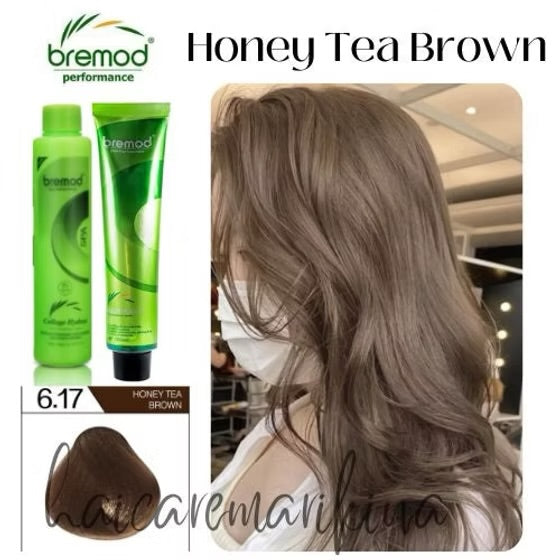 Bremod 6.17 Honey Tea Brown Hair Color Dye Cream 100ml oxidizer 9%