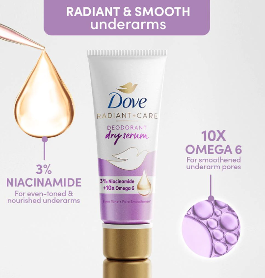 Dove Radiant + Care Deodorant Dry Serum 3% Niacinamide 10x Omega 6