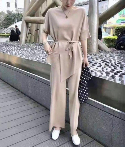 CHANTELLE Premium Quality Knitted Coords Set  with Detachable Waist Tie (Color: Nude)