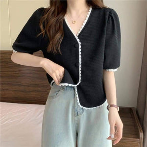 AVA Premium Quality Bangkok Knitted Lacey Top(Color: Black)