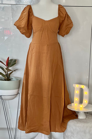 DAISY Premium and Gold Quality Padded Maxi Dress (Smocking Back, Puff Sleeves) (Color: Tan)