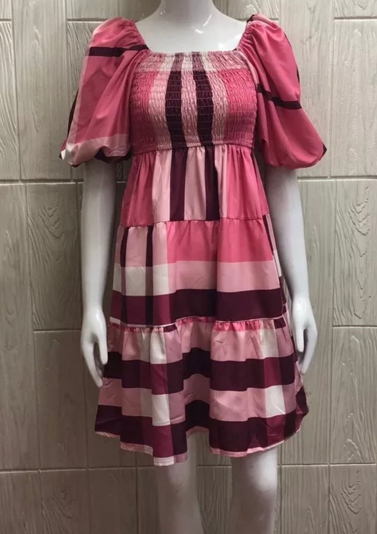 AIRA Burberry Inspired Mini Puff Dress (Color: Pink)