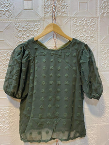 AMINA Premium and Gold Quality Swiss Dot Georgette Top with Mesh Puff Sleeves  (Color: Sage Green)