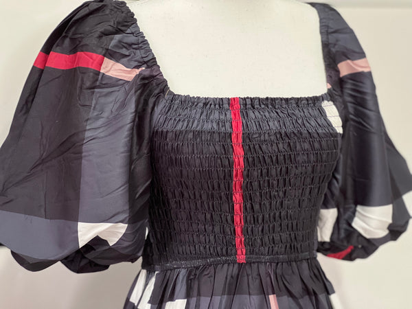 AIRA Burberry Inspired Mini Puff Dress (Color: Dark Gray)