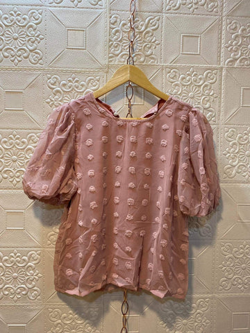 AMINA Premium and Gold Quality Swiss Dot Georgette Top with Mesh Puff Sleeves  (Color: Pink)