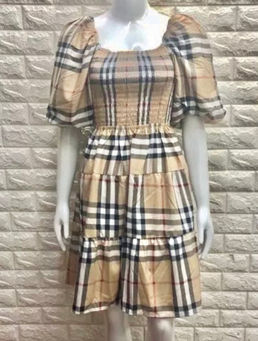 AIRA Burberry Inspired Mini Puff Dress (Color: Brown)