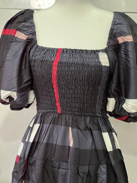AIRA Burberry Inspired Mini Puff Dress (Color: Dark Gray)