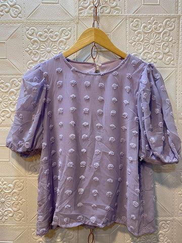 AMINA Premium and Gold Quality Swiss Dot Georgette Top with Mesh Puff Sleeves  (Color: Lavender)