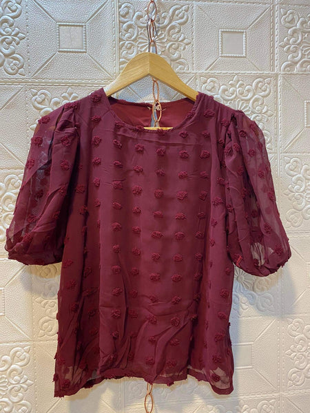 AMINA Premium and Gold Quality Swiss Dot Georgette Top with Mesh Puff Sleeves  (Color: Maroon)