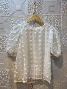 AMINA Premium and Gold Quality Swiss Dot Georgette Top with Mesh Puff Sleeves  (Color: White)